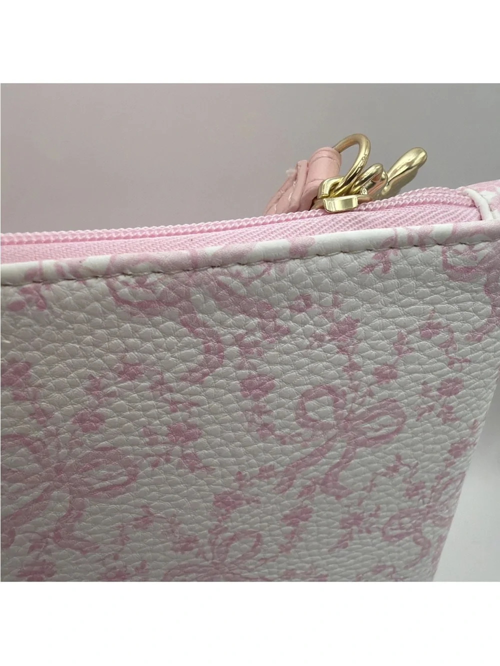 New - LoveShackFancy Pink Coquette Gold Bow Zipper Pouch/Wristlet w Strap